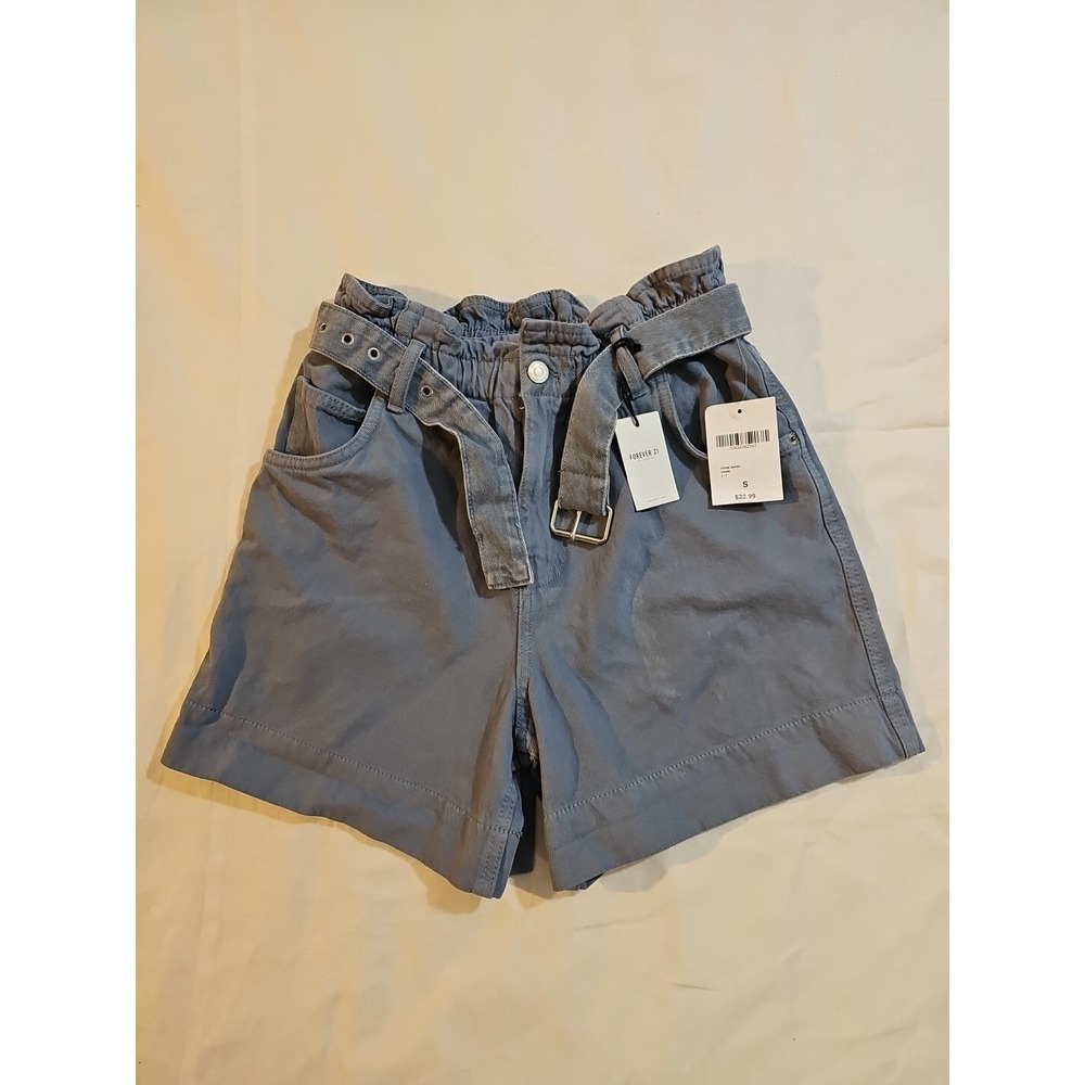 New Forever 21 Paper Bag High Waist Denim Shorts Belted Gray Blue size S‎